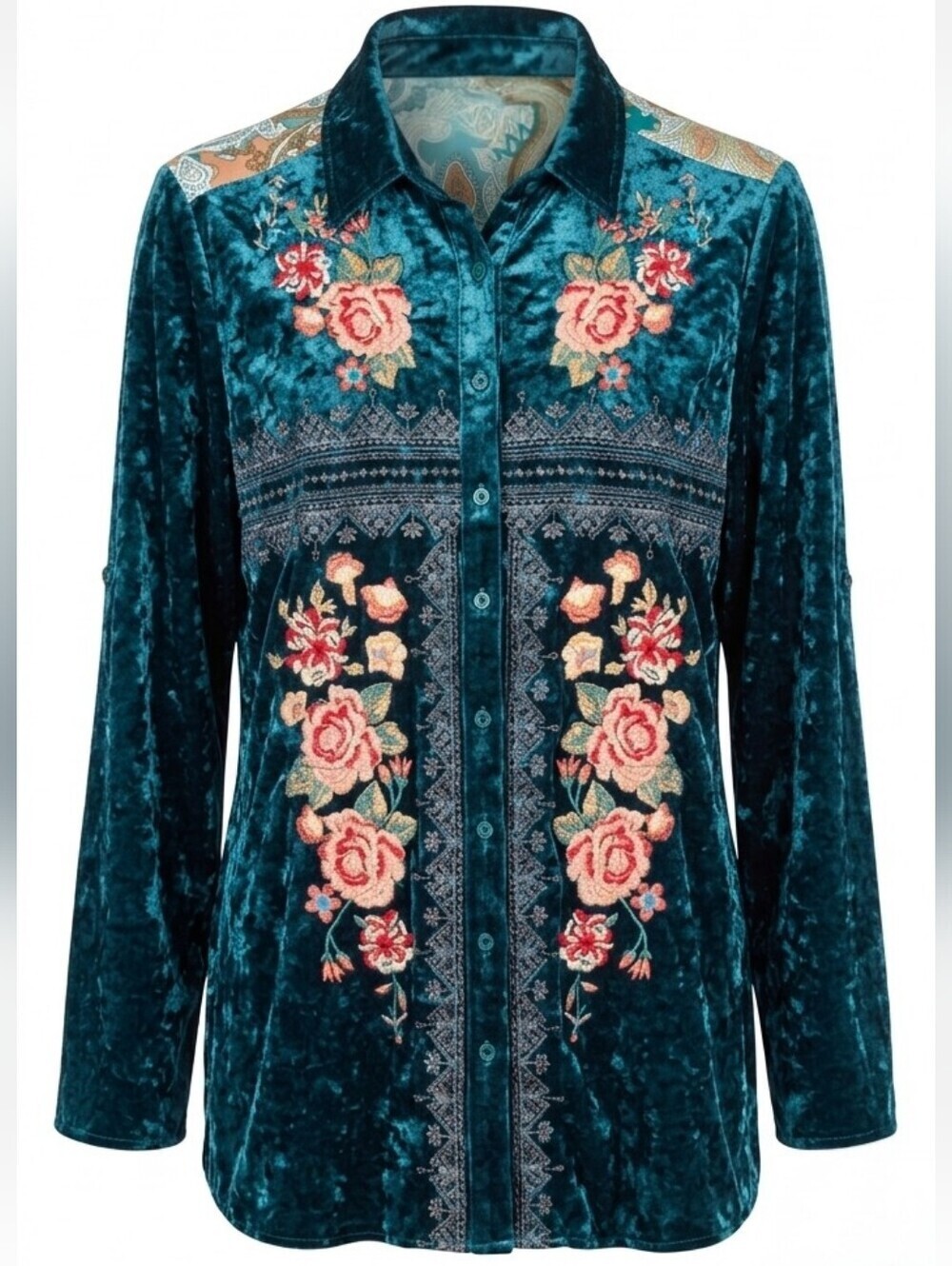 Andree By Unit Johnny Was Inspired Floral Embroidered Velour Button Down Top SzM